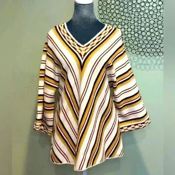 Cuddle Knit Sweaters - Cuddle Knit Vintage Cream Striped Brown, Black V-Neck Sweater- Size Medium